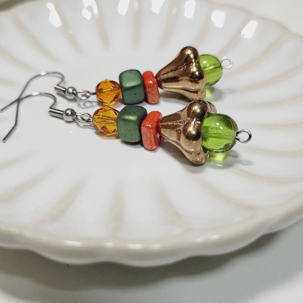 Green Glass Stainless Steel Hooks Secret Lore earrings Fairycore Handmade   688■